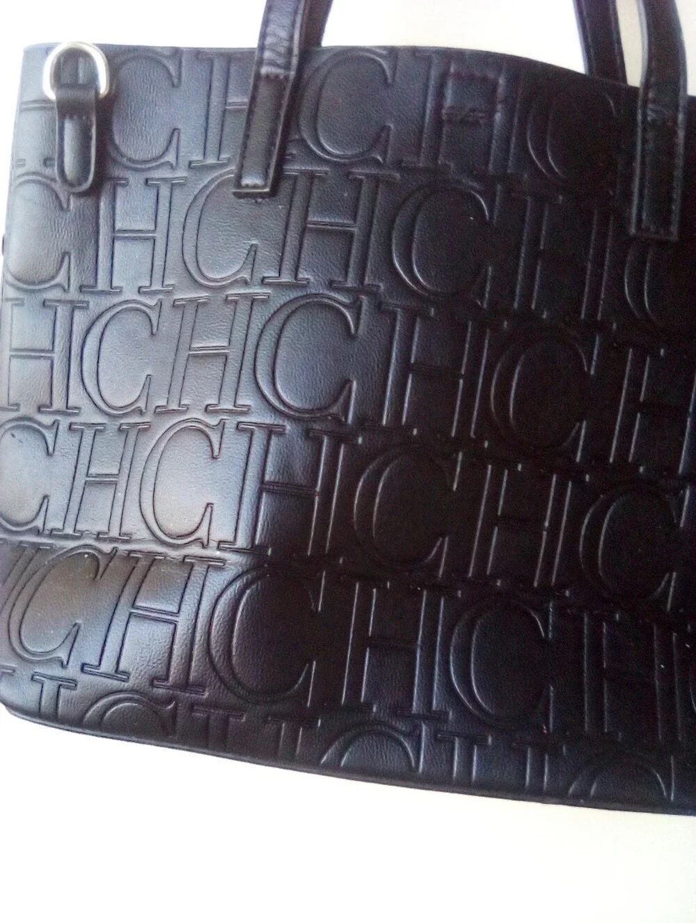 Women’s Embossed CHCH Logo Tote Bag in Black with Red Interior - Picture 10 of 10